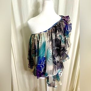 This gorgeous one shoulder sheer floral print blouse.